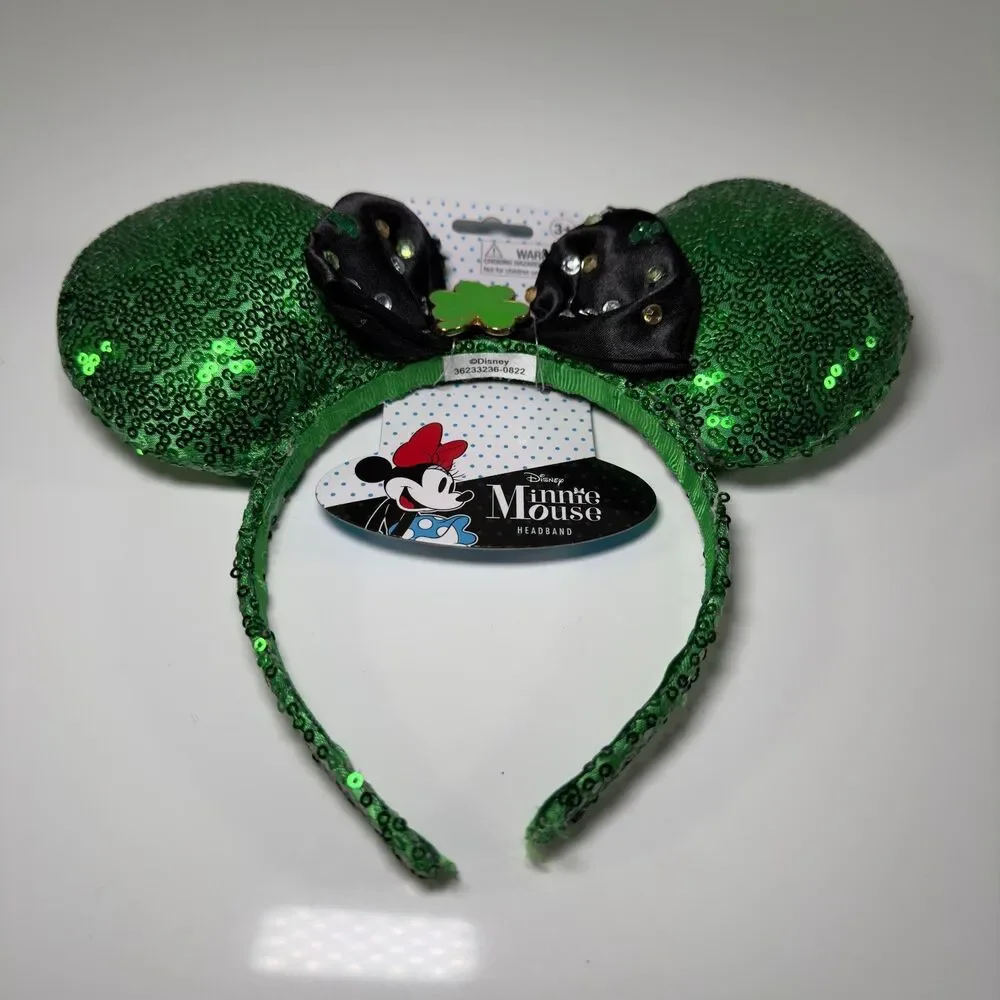 Disney Minnie Mouse Headband Ears Green St. Patrick’s Sequin Lucky Costume NWT